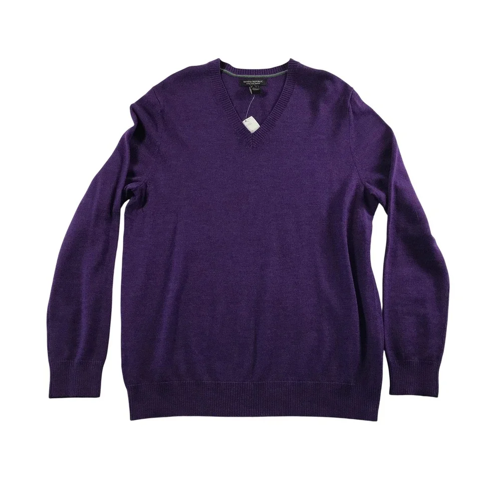 Banana Republic Mens Extra Fine Merino Wool V-Neck Sweater Purple Large